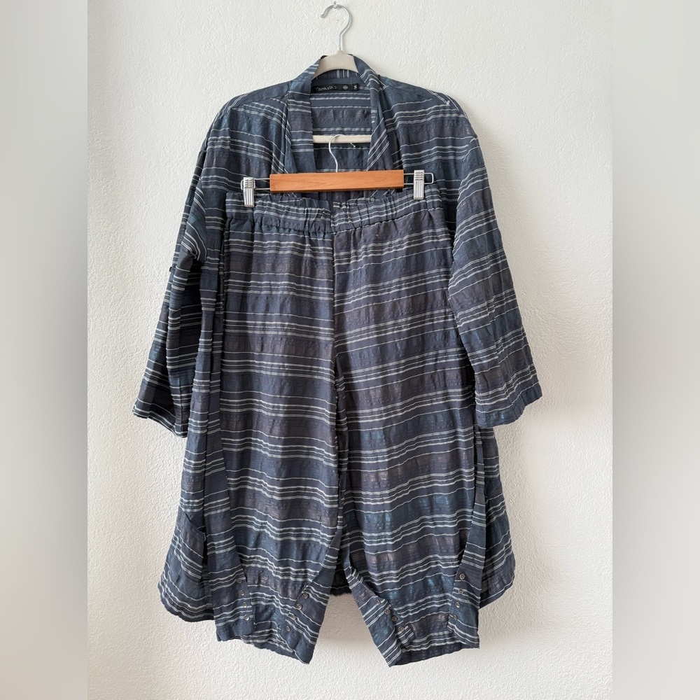 Lightweight Striped Cropped Pants & Jacket Set - Navy